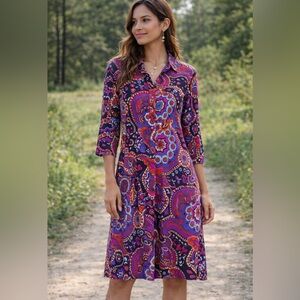 Jude Connally Womens Small Paisley Shirt Dress Multicolor 3/4 Sleeve Knee Length